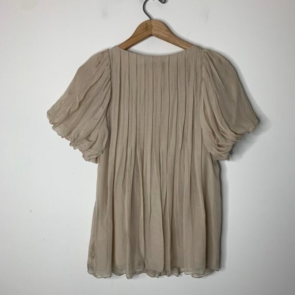 Miss Me MM Couture Silk Blouse Pleated Short Sleeve Taupe Beige Size Small - Picture 9 of 10